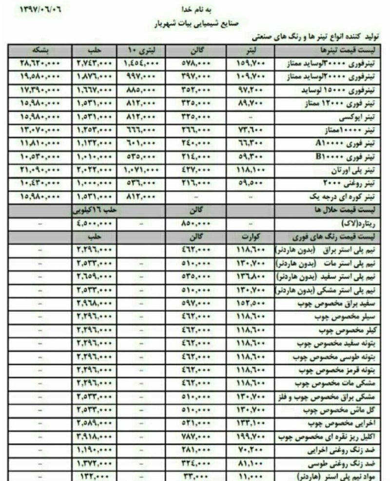 bayat paints price list لیست قیمت رنگ - صنایع شیمیایی بیات شهریار 